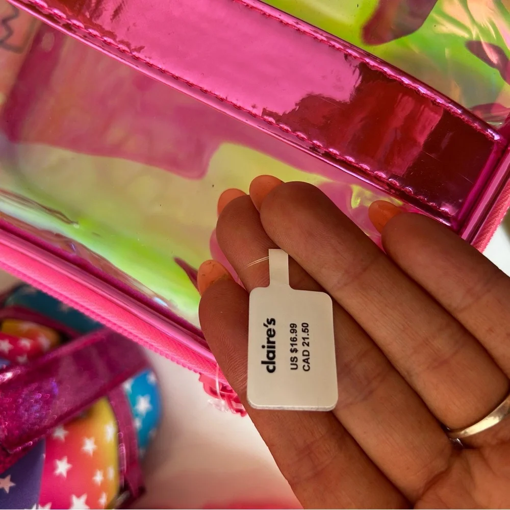 ⭐️ NEW Claire's Pink Furry Animal Pouch Bag Rainbow Ears iridescent